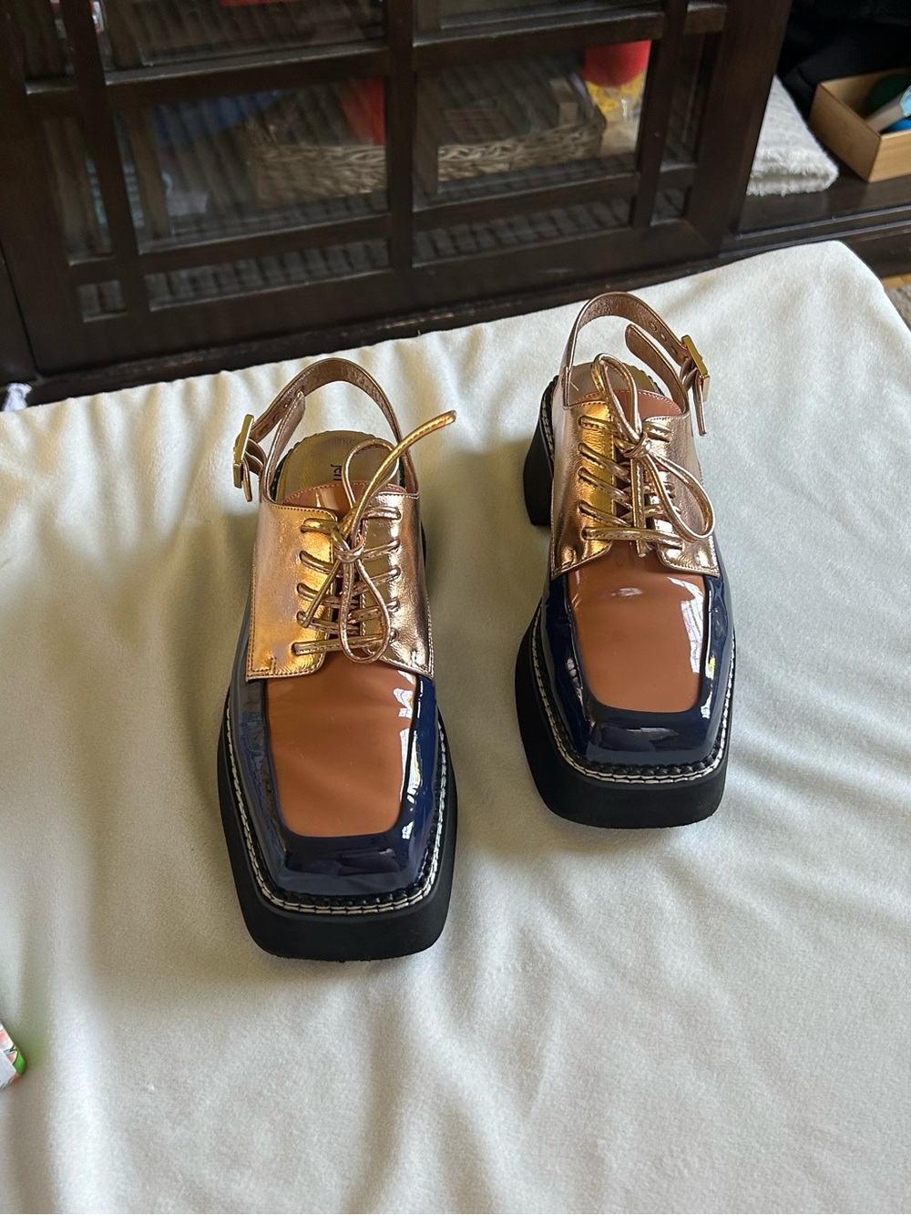 Jeffrey Campbell Rose Gold, Navy & Tan Patent Slingback Lace-Up Mules - Picture 2 of 10